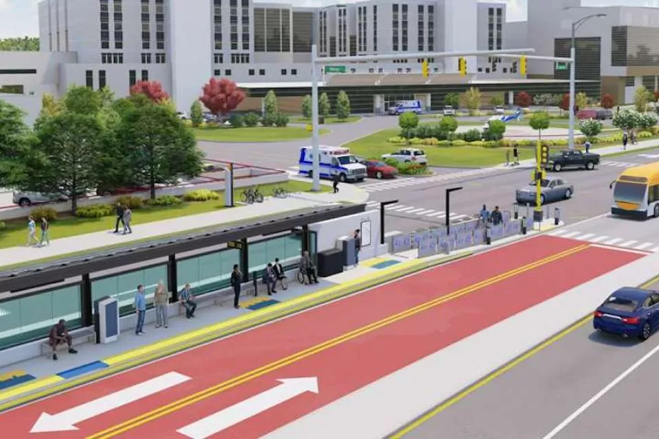 Rendering of proposed bus rapid transit station with dedicated bus lanes in Raleigh, North Carolina.